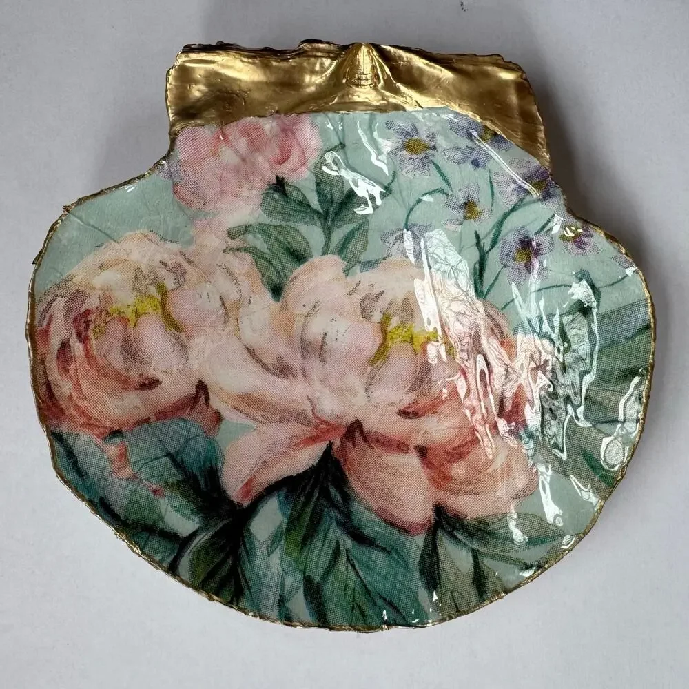 Vintage Pink Botanical Floral Trinket Dish with Gold Rim